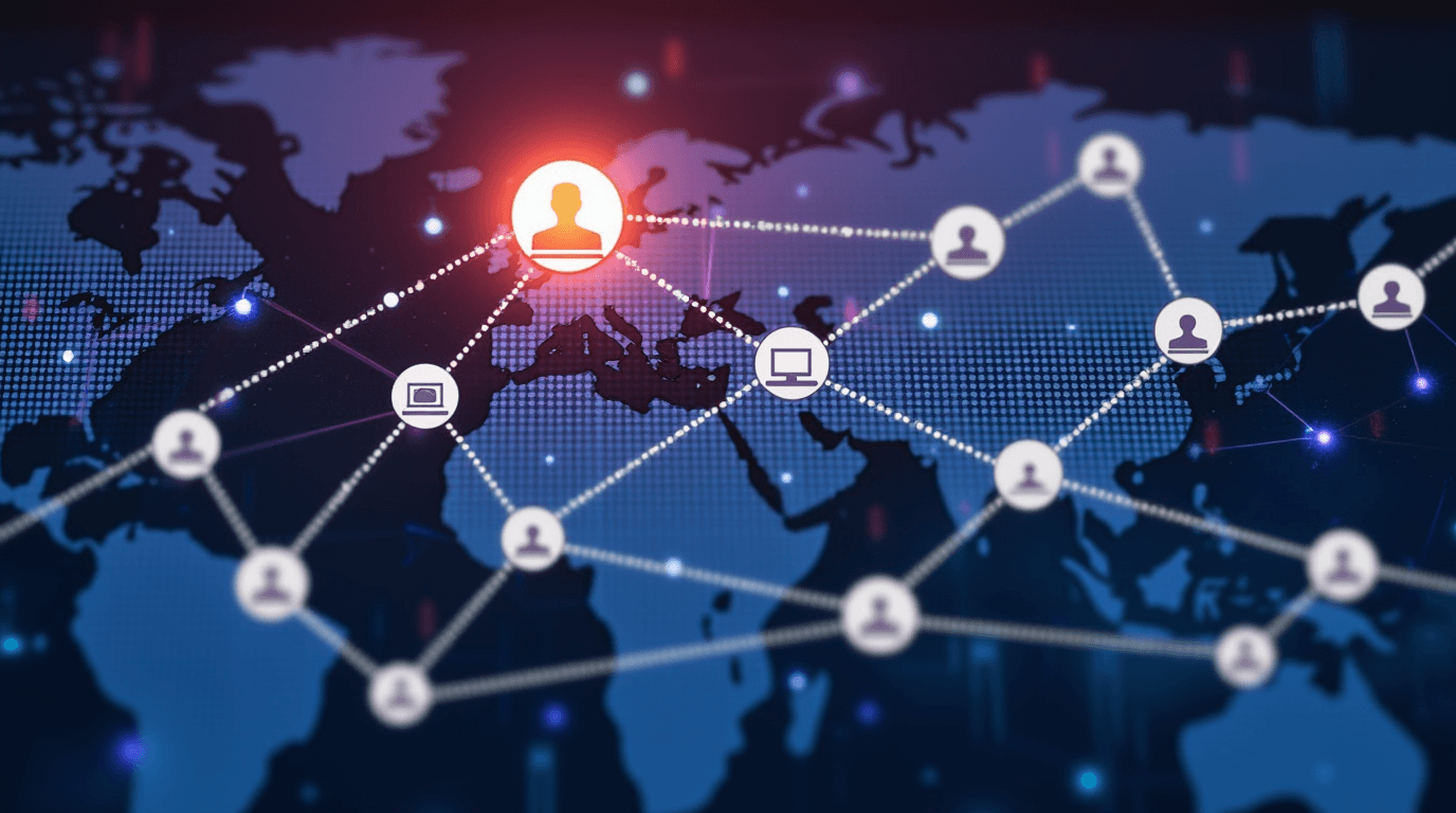 Глобальная сеть WebRTC с иконками пользователей и устройств соединенными линиями на фоне карты мира