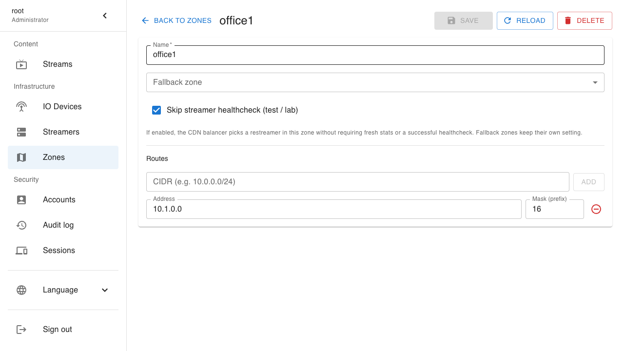 Карточка зоны: маршрут, резерв и опция пропуска проверки живости (пример office1)