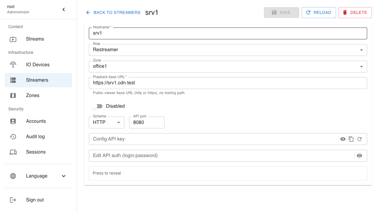 Карточка рестримера: тип restreamer, зона и playback_base_url (пример srv1)