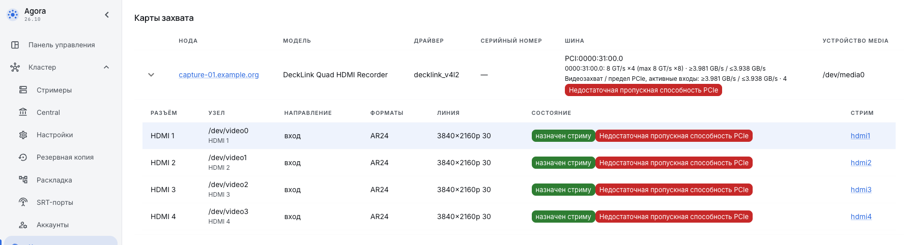Нехватка PCIe при четырёх захватах 4K30
