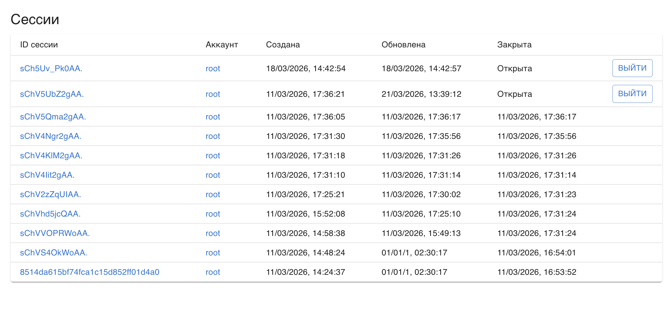 Список сессий