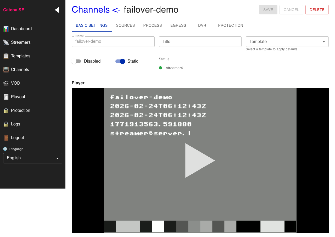 Плеер показывает поток (после failover — с резервного источника)