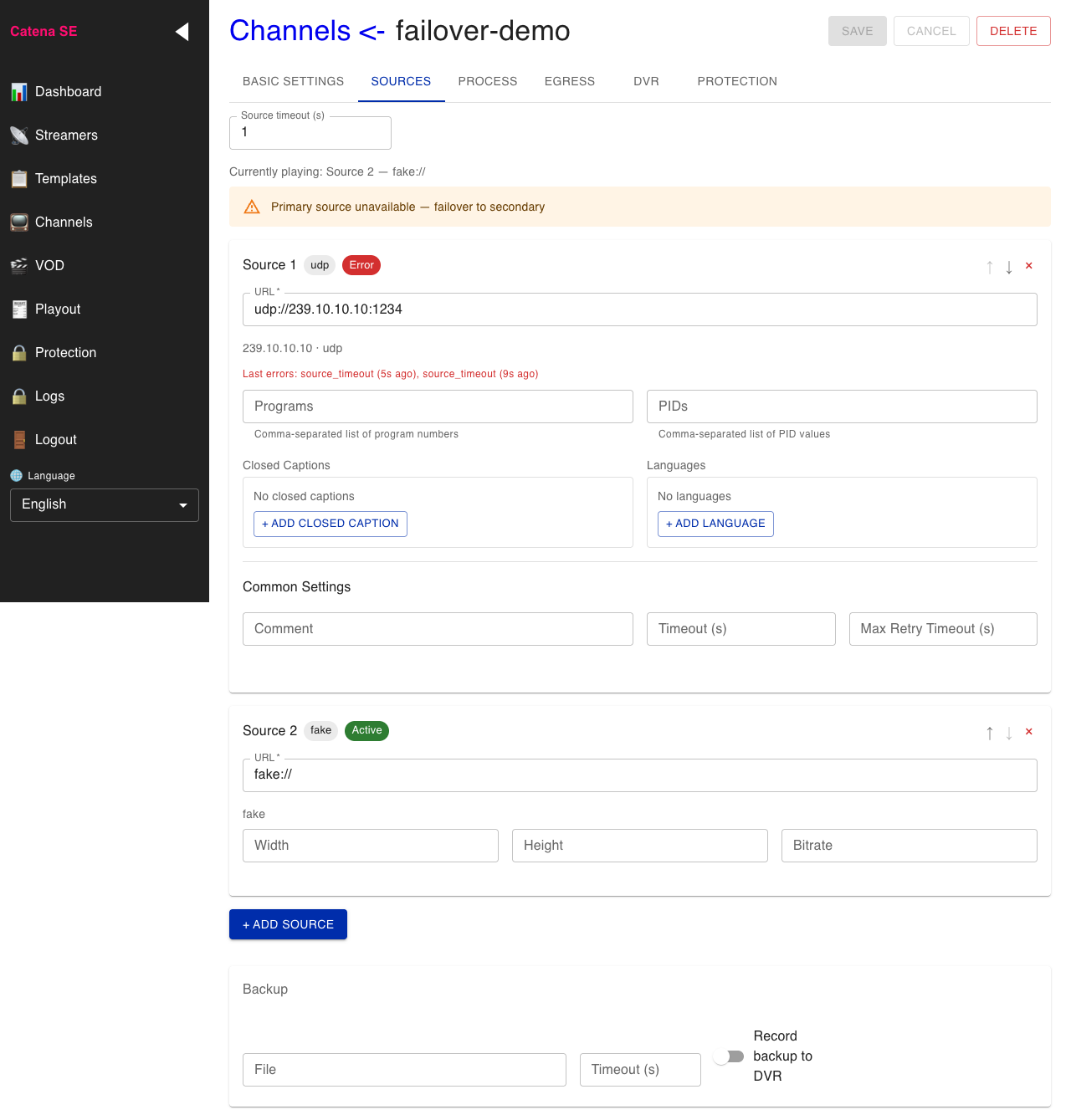 Источники после failover: активен второй