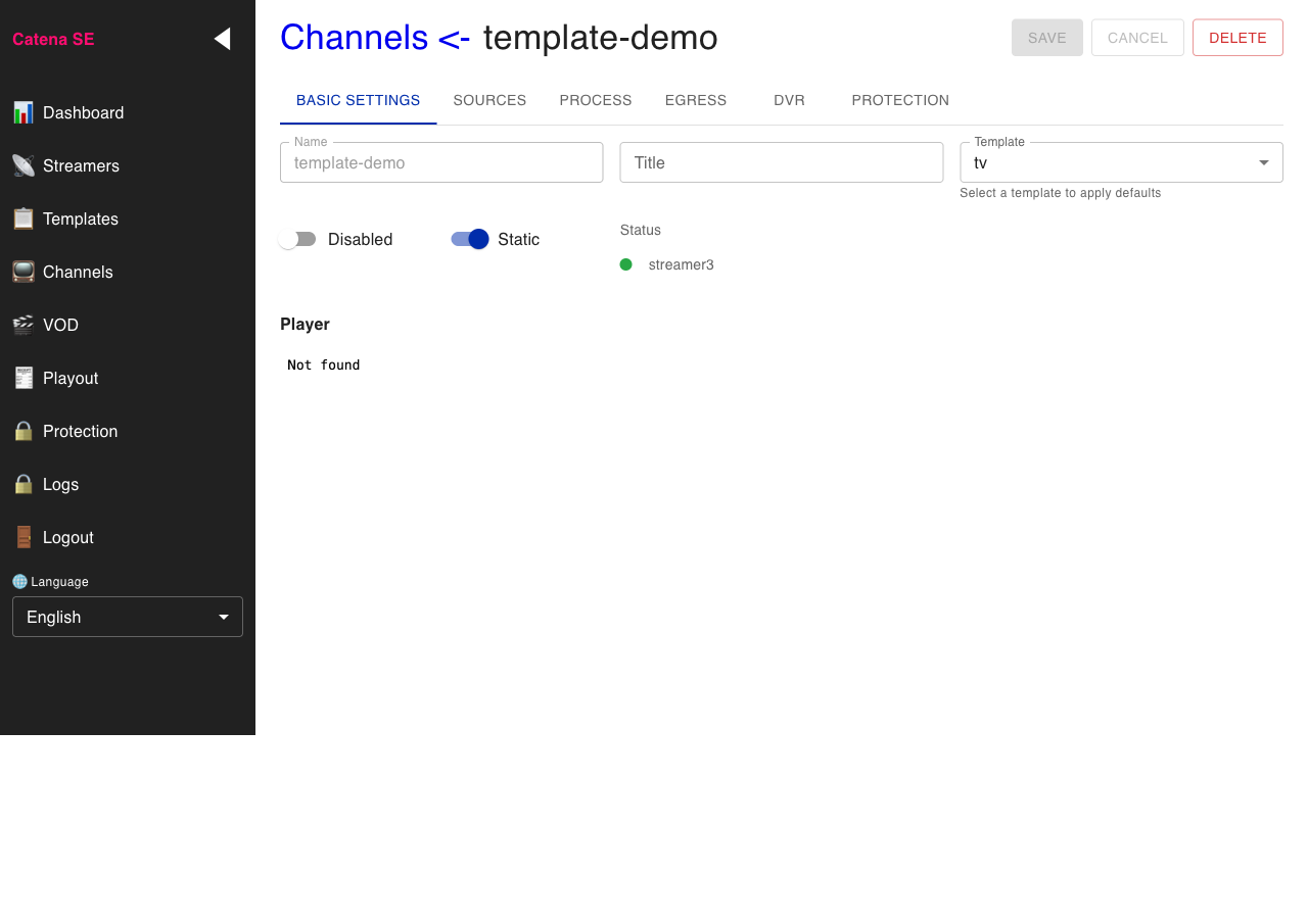 Канал с источником и темплейтом, плеер в работе