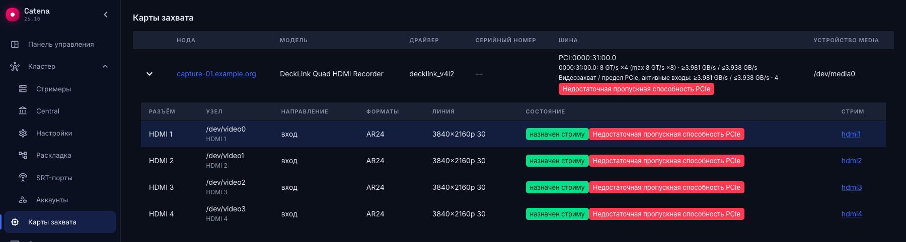 Нехватка PCIe при четырёх захватах 4K30