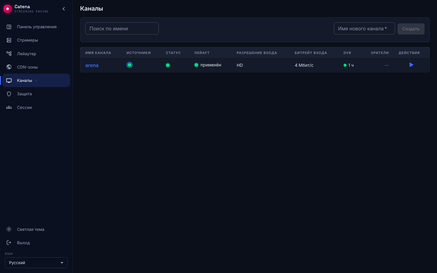 Список каналов: колонка DVR со светофором записи