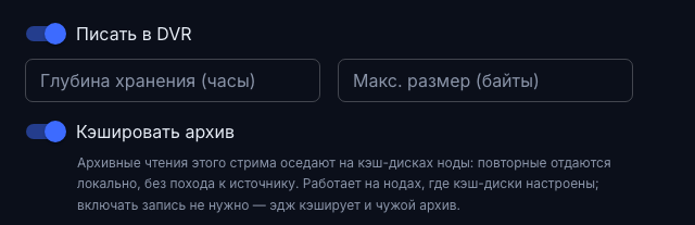 Вкладка DVR: два независимых выключателя — запись и кэш