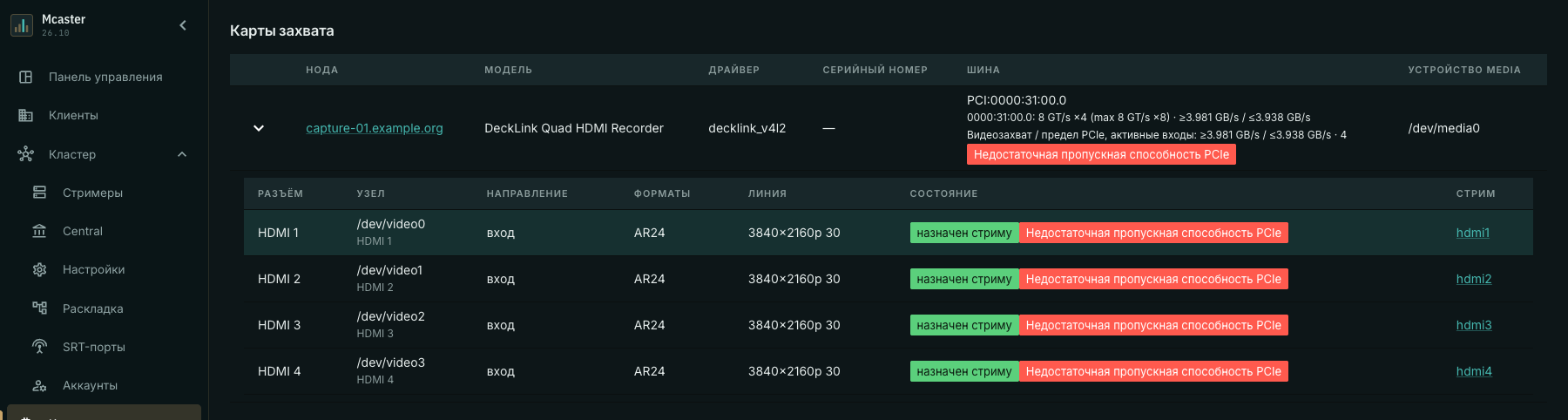 Нехватка PCIe при четырёх захватах 4K30