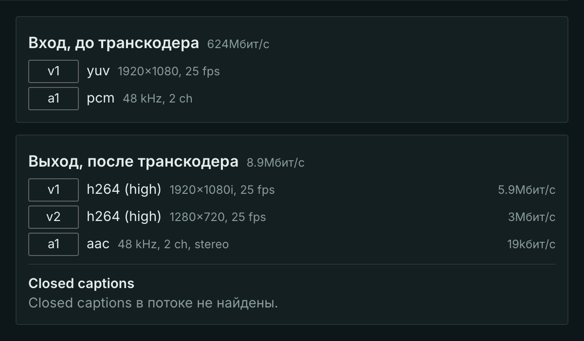 Сводка дорожек: вход до транскодера и выход после него
