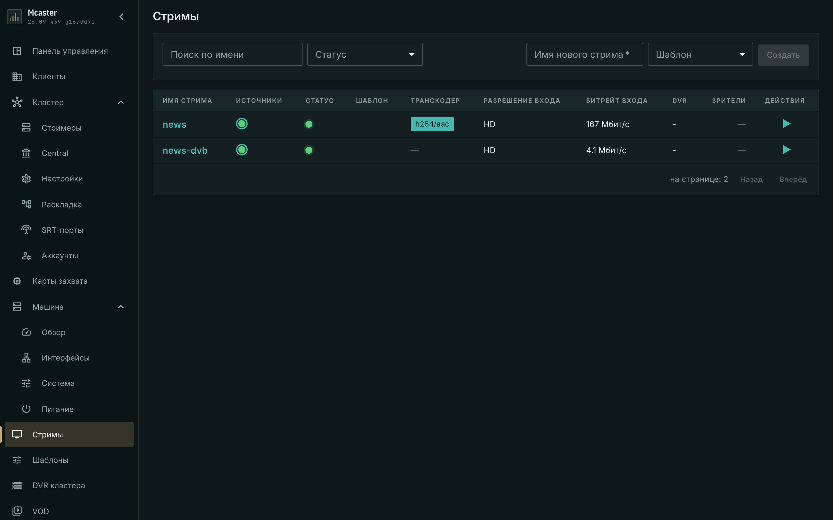 Список стримов: цель и её копия работают