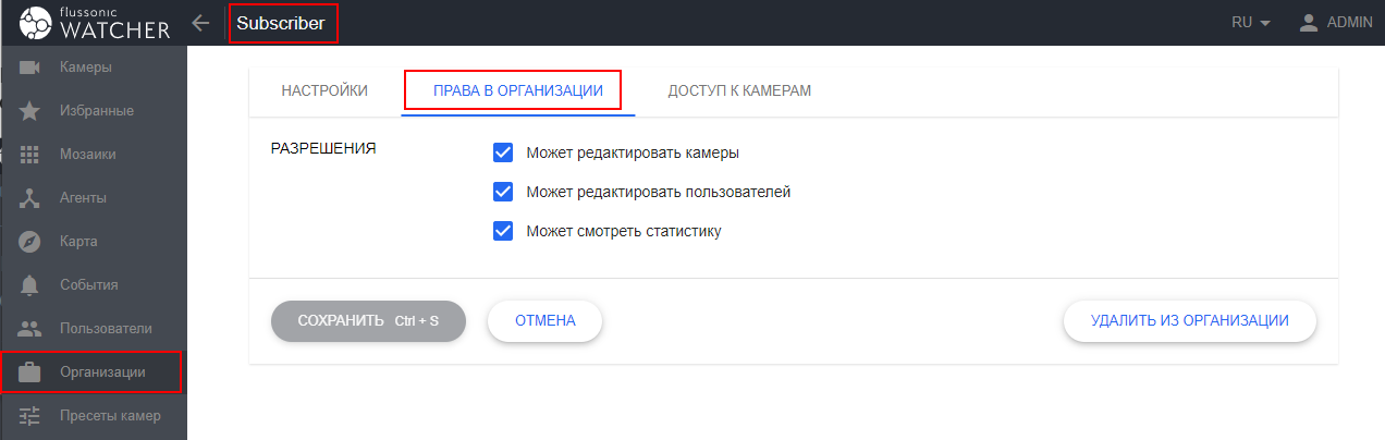 Права пользователей Watcher на Организации