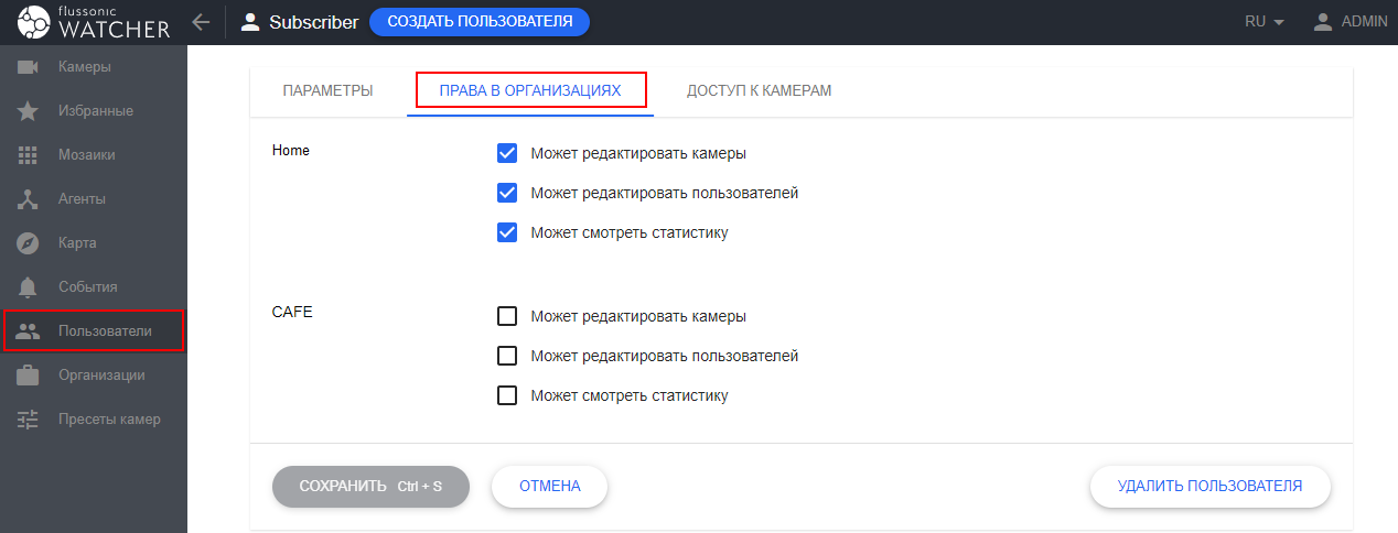 Права пользователей Watcher на несколько Организаций