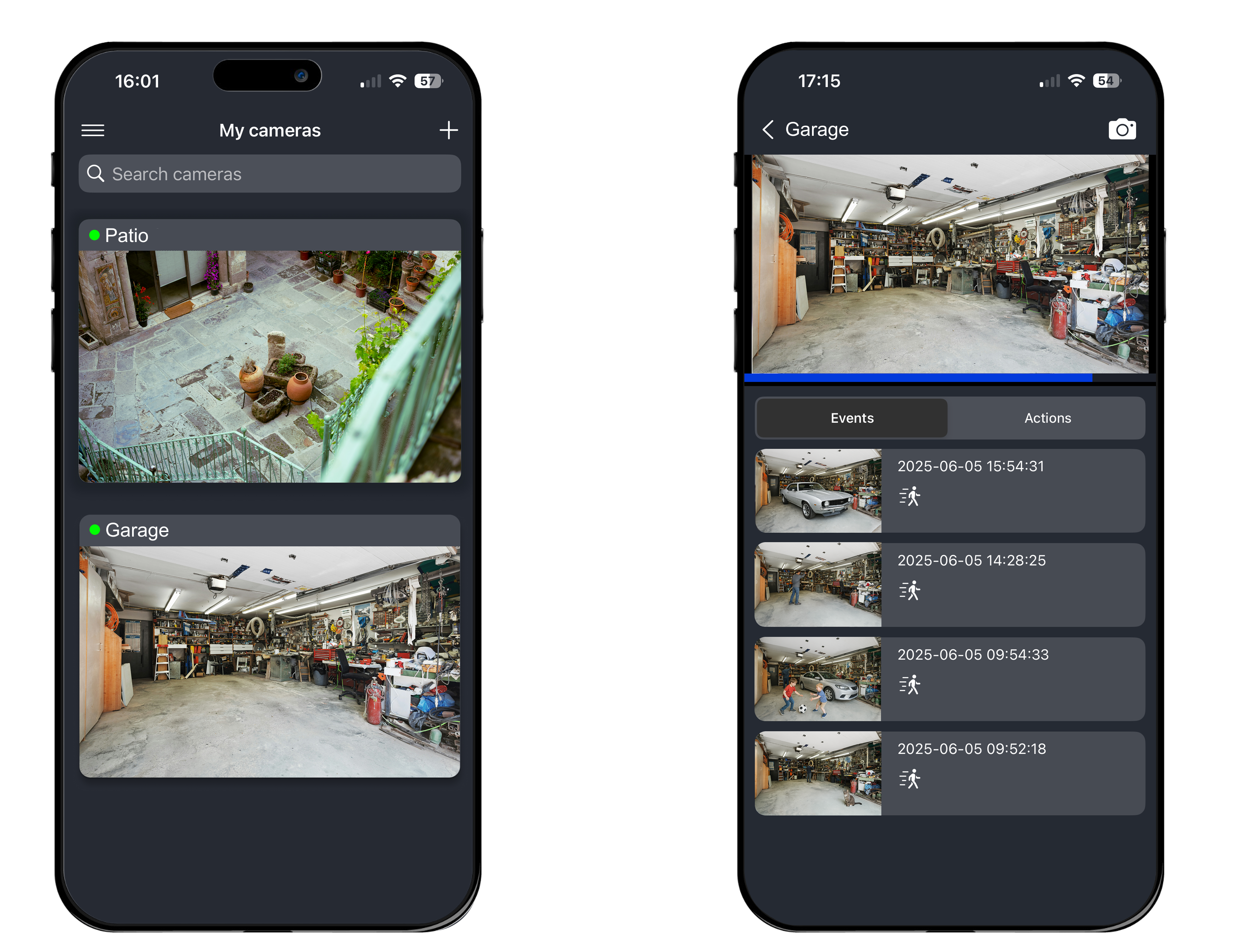 Mobile app showing camera feeds
