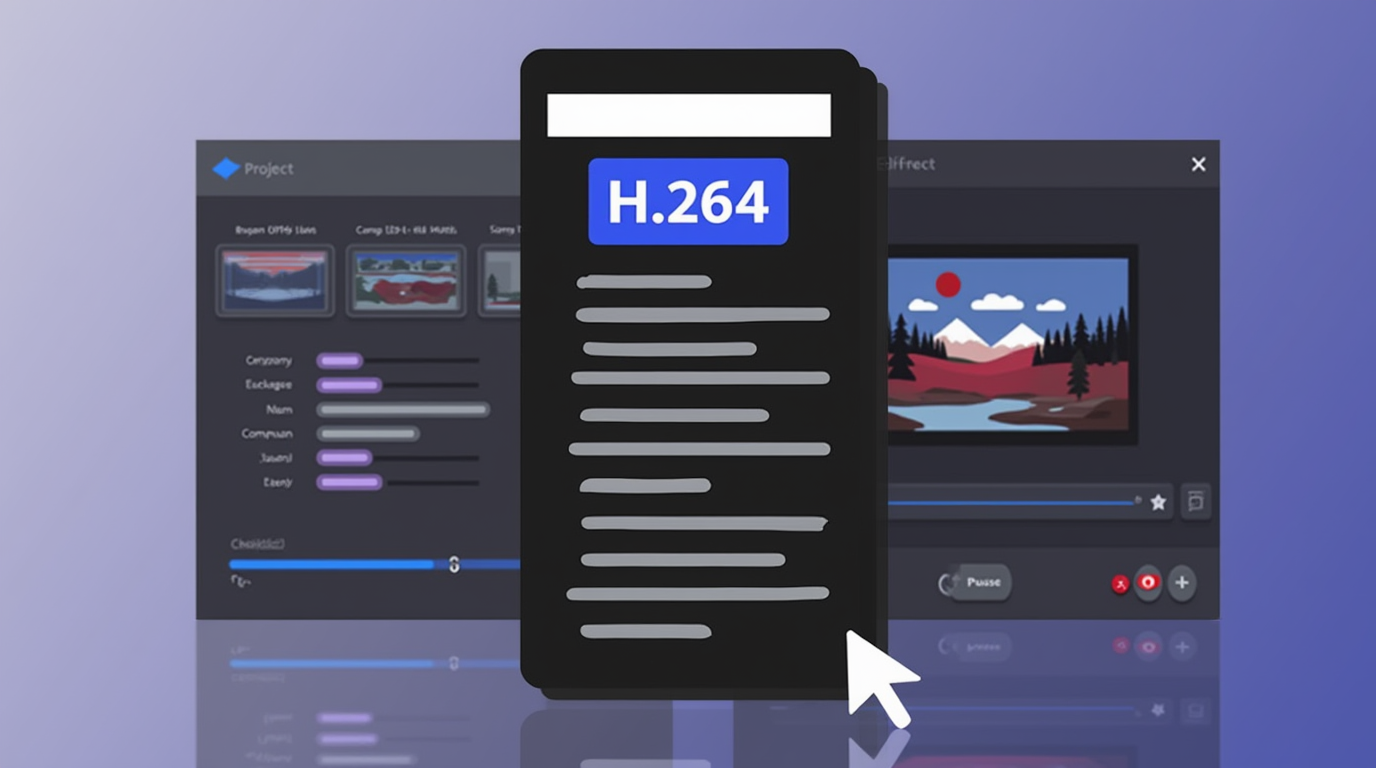 Иллюстрация процесса кодирования видео с использованием кодека H.264, с интерфейсом настройки параметров и графическим интерфейсом редактирования